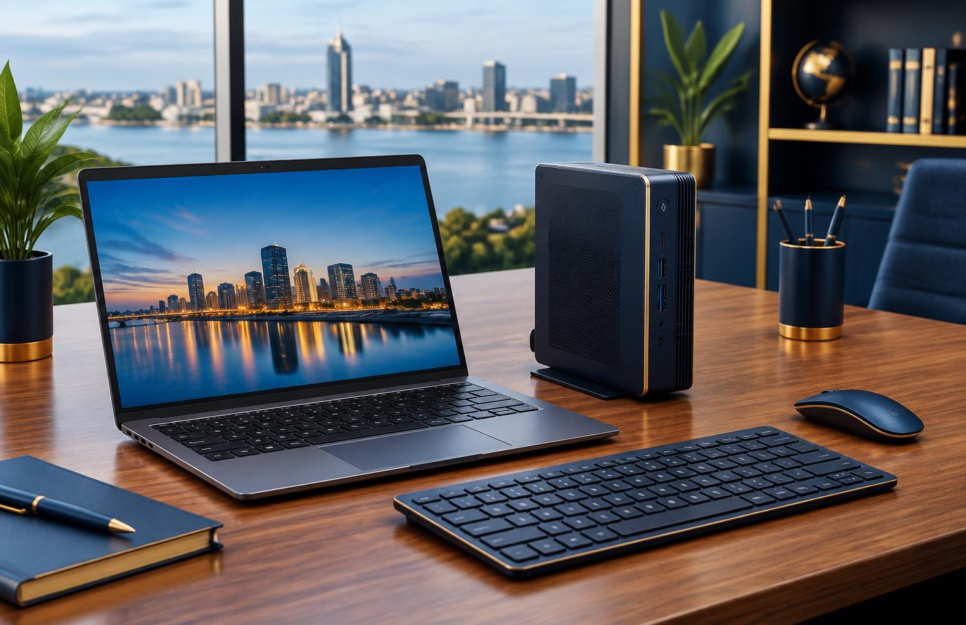 Laptop and professional mini PC in modern office