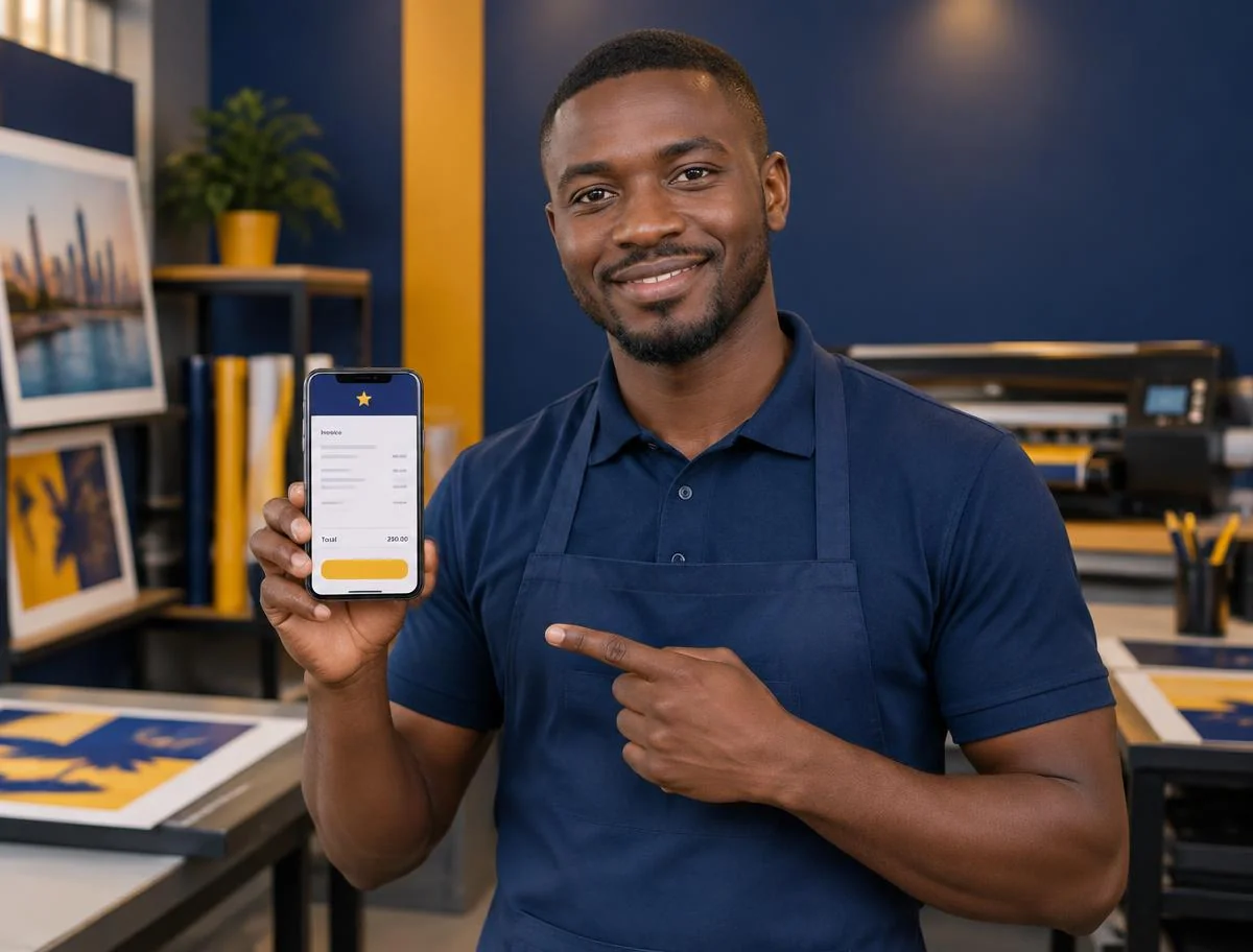 Entrepreneur préparant un devis avec Deviya sur son téléphone