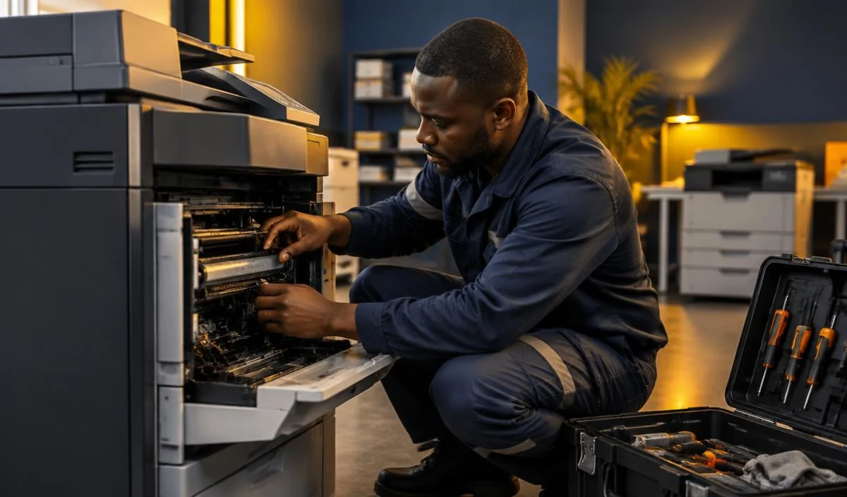 Technicien intervenant sur une imprimante professionnelle